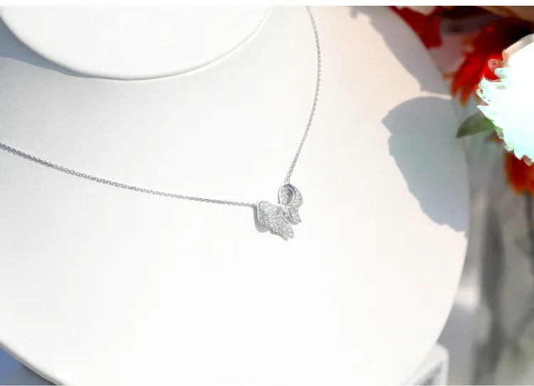 Fashion Cute Bow Pendant Necklace Brilliant 925 Sterling Silver Choker Unquie Women Wedding Engagement Jewelry Gift