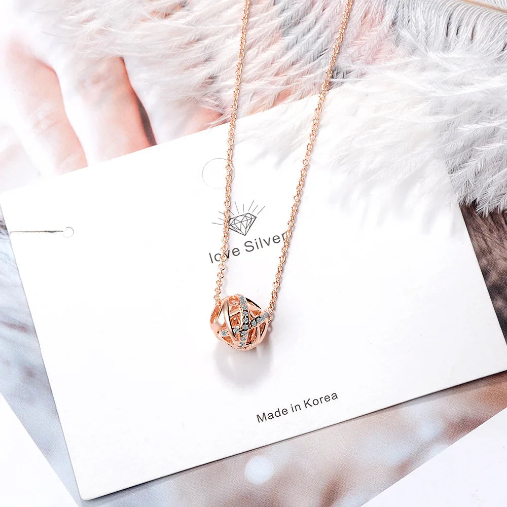 S925 Sterling Silver Electroplated 18k Rose Gold Hollow Diamond Bead Pendant Necklace (40 Cm + 3.5 Cm) Luxury Jewelry