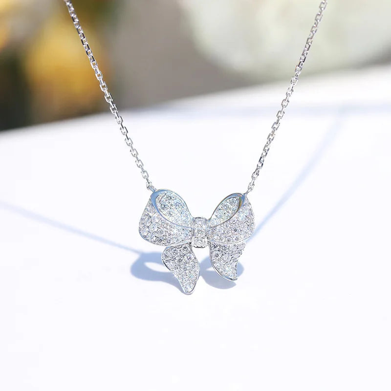 Fashion Cute Bow Pendant Necklace Brilliant 925 Sterling Silver Choker Unquie Women Wedding Engagement Jewelry Gift