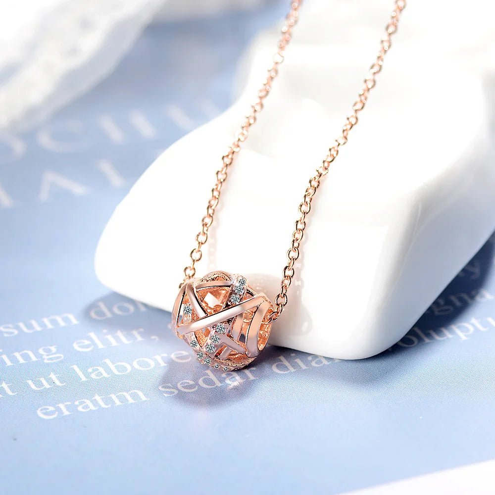 S925 Sterling Silver Electroplated 18k Rose Gold Hollow Diamond Bead Pendant Necklace (40 Cm + 3.5 Cm) Luxury Jewelry