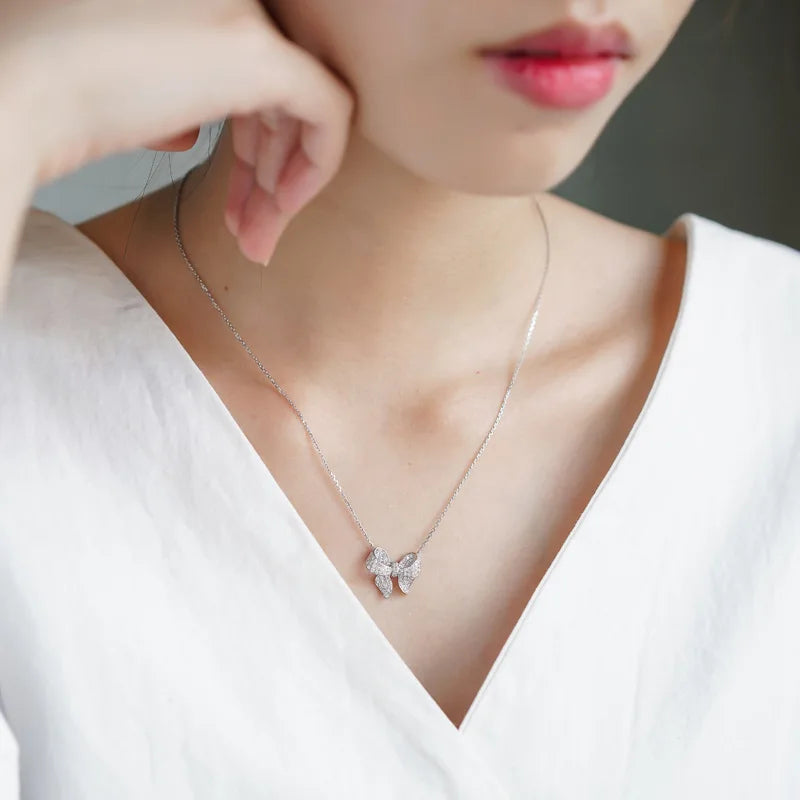 Fashion Cute Bow Pendant Necklace Brilliant 925 Sterling Silver Choker Unquie Women Wedding Engagement Jewelry Gift